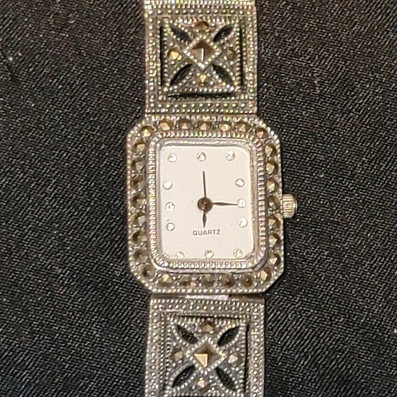 Sterling Silver 925 Ladies Marcasite Watch Bracelet AS IS Needs Battery Vtg Deco